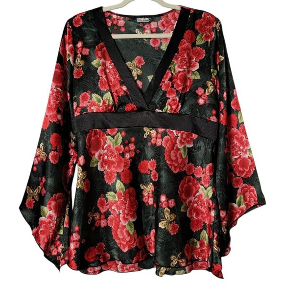 rave Tops - VTG Rave Womens Black Satin Floral Butterfly Kimono Bell Sleeves V-Neck Top L